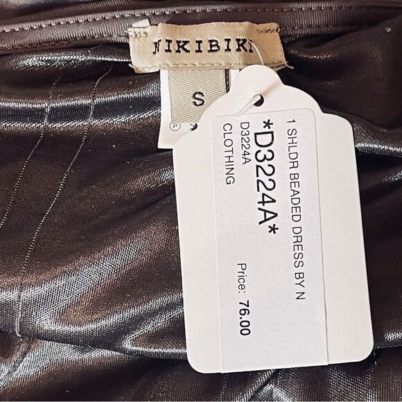 NWT NIKIBIKI Small Ruched Tan Beaded One Shoulder Dress. - Picture 2 of 10